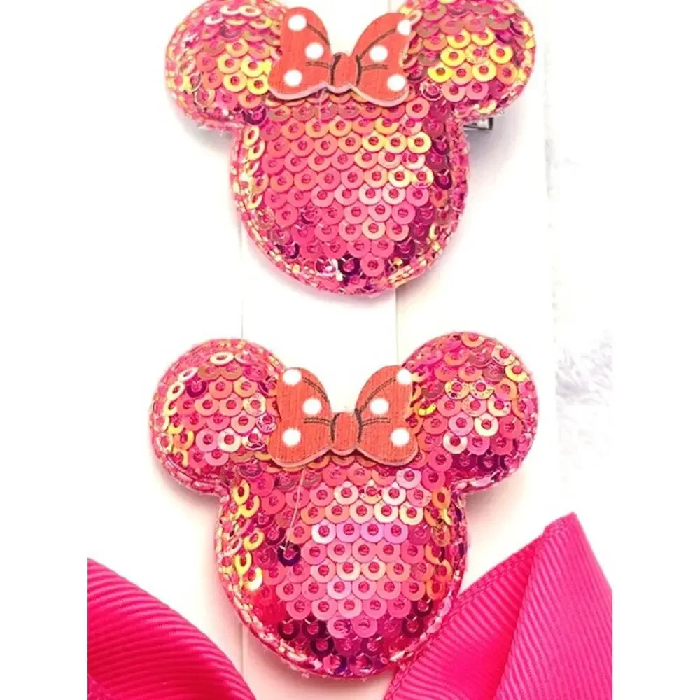 Minnie Mouse Dark Pink Sequin & Bow Hairclips for Girls-NEW